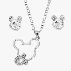 Disney Silver Crystal Mickey Mouse Necklace & Earrings Set Women’s Girls New